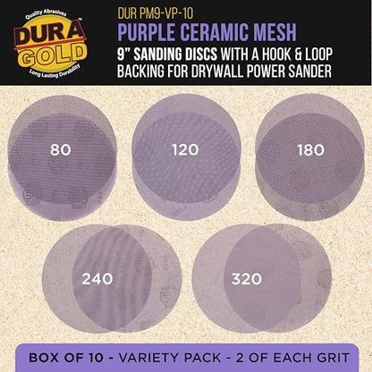Dura-Gold Premium 9" Purple Ceramic Mesh Sanding Discs, 10 Disc Variety - style: Variety Pack