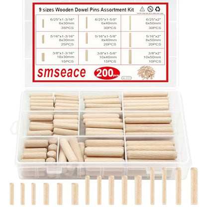 smseace Wooden Dowel Pins with Tapered End with Bevel Angle Groove Wood Pegs - 9 Sizes 6/25inch 5/16inch 3/8inch(6mm, 8mm, 10mm) Used for Crafts, Furniture, Door, DIY - size: 200Pcs - 9 Sizes