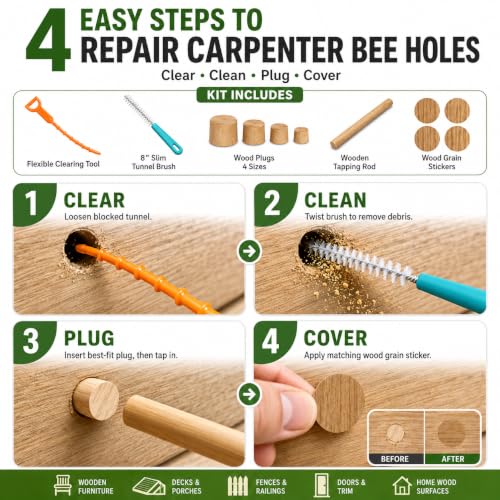 Carpenter Bee Hole Repair Kit, 308 PCS with Tapered Wood Plugs