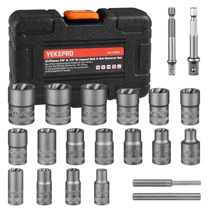 21PCS Bolt Extractor Set, 3/8" & 1/4" Drive Nut Remover - size: 3/8''&1/4'', 21pcs