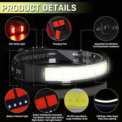 Headlamp Rechargeable,Ultra Bright Upgrade 1500 Lumens 6 Modes Head Lamp Led Rechargeable with Taillight(Individual Control),230°Wide Beam Waterproof Headlamps for Adults Outdoor Camping Running - color: Black