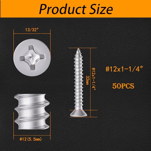 304 Stainless Steel #12 x 1-1/4" Flat Head Self Tapping Wood Screws 50PCS - size: #12 x 1-1/4"（50PCS）