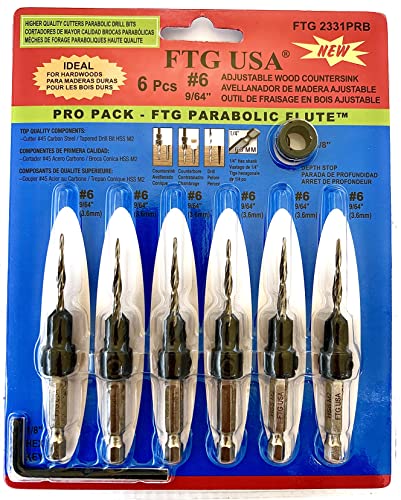 FTG USA 6Pc #6 (9/64") Parabolic Hex Shank Wood Countersink Drill Bit Set - style: #6 (9/64") 6 Pc Hex Shank