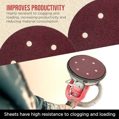 ProductionShop Premium 9" Red 6-Hole Pattern 60 Grit Sanding Discs, Box of 20 - Dustless Hook & Loop Backing Sandpaper for Drywall Power Sanders, Coarse-Cut Abrasive - Woodworking, Sand Auto Paint - style: 60 Grit