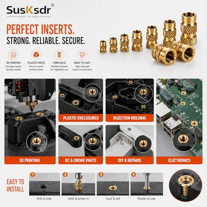 580+7PCS Heat Set Threaded Inserts Kit, M2 M2.5 M3 M4 M5 M6 Metric Brass Threaded Inserts Assortment, Knurled Inserts with Heat Set Insert Tool, for 3D Printing Components, Plastic Parts, DIY Projects