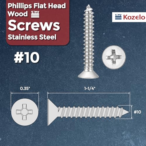 25pcs Phillips Flat Wood Screw #10x1-1/4 316 Stainless Steel Silver - size: #10x1-1/4"