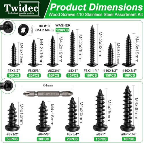 Twidec/345PCS Wood Screws M4#8#10 Truss Head＆Pan Head Self Tapping Screws - size: 346PCS