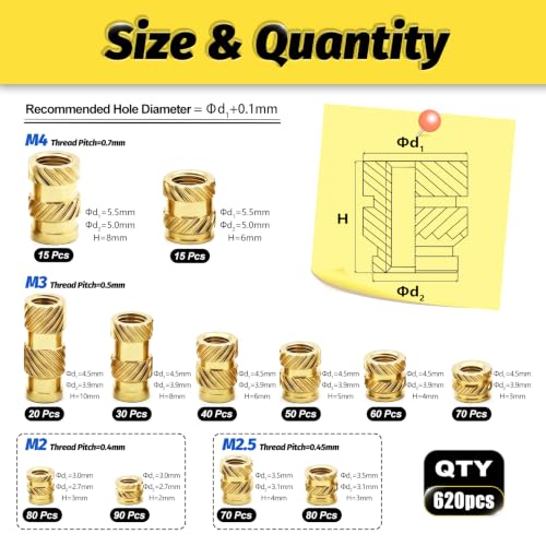KADRICK 620Pcs M2 M2.5 M3 M4 Heat Set Inserts Kit with Heat Set Insert Tips - size: Kit M2-M4 620Pcs