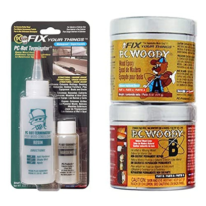 PC Products Wood Repair Epoxy Paste and Wood Hardener Kit, PC-Woody 6 oz and PC-Rot Terminator 3.5 oz, Tan, 6 oz Woody & 3.5 oz Rot Terminator Kit (03060) - size: 6 oz Woody & 3.5 oz Rot Terminator Kit