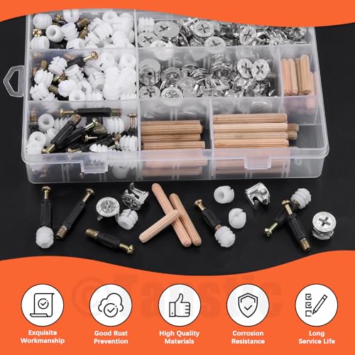 Tanstic 270Pcs 3 in 1 Furniture Connecting Hardware Connectors Kit, Furniture Cam Lock Fasteners Including Cam Lock Fittings with Dowel, Pre-Inserted Nut, Wood Dowel Pins Furniture Crib Screws
