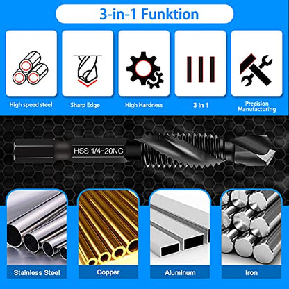 6-Piece 10-24NC Combination Drill Tap Countersink Bit Set SAE, Made of High-Speed Steel with Anti-Rust Blackened Coating, Ideal for Soft Metal, Wood & Plastic, 10-24NC Thread Size, 1/4" Hex Shank - size: 10-24NC