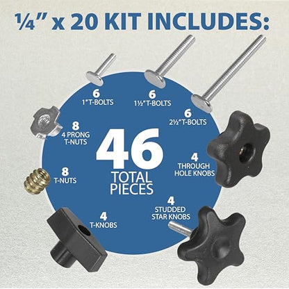46 Piece T Track Bolts and Knobs Kit 1/4-20