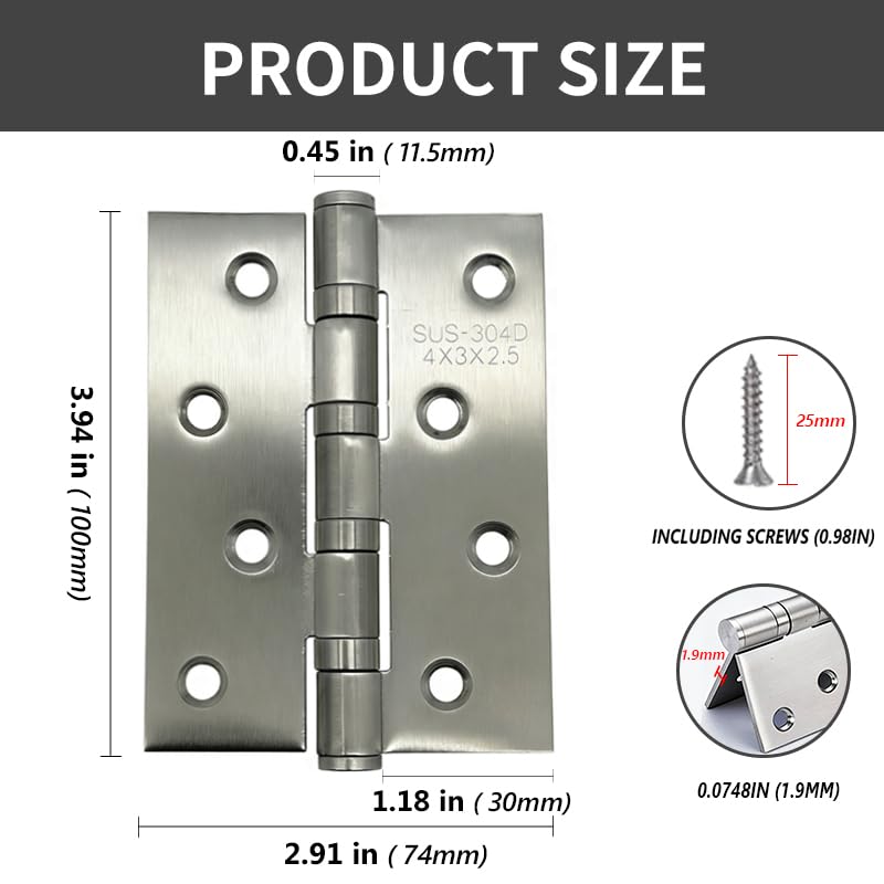 LAFULER 4 Pack 4×2.9inch Silver 304 Stainless Steel Door Hinge， - size: 4×2.9inch(Silver)