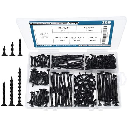 209PCS Black Wood Screw Assortment Kit, 6 Sizes Flat Head Phillips