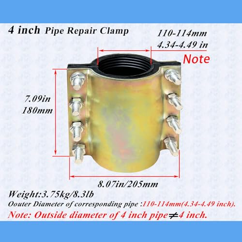 Water Pipe Repair Clamp for 4 inch Pipe(OD of The Applicable Pipe is 4.49 inch),Leak Sealer for Pipe,Length 7.09 inch,Suitable for PE/PPR/Steel/Stainless Steel Pipes - size: 4 inch