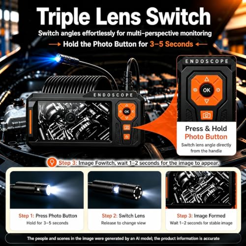 Triple Lens Borescope, 5" IPS Screen, 1080P Photo & Video, 50FT Cable - size: 5''Triple Lens 50FT
