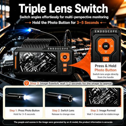 Triple Lens Borescope, 5" IPS Screen, 1080P Photo & Video, 50FT Cable - size: 5''Triple Lens 50FT