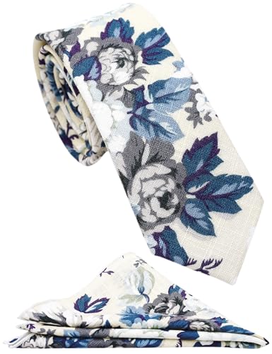 Cotton 2.5-Inch Skinny Floral Tie and Pocket Square Set for Men - color: Beige Peony