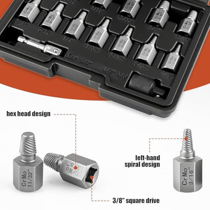 15pcs Screw Extractor Set, 3/8" Hex Drive Bolt Extractor Kit