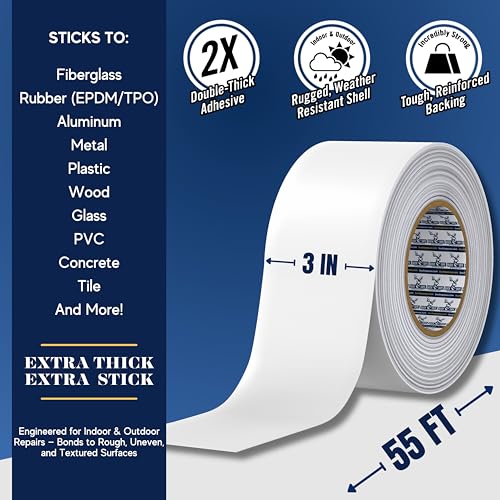 2 Pack Buck RV Roof Sealant Tape – 3 Inch x 55ft, 40 Mil – Waterproof RV Tape for Roof Repair, Seams, Skylights, Vents & Window Leaks on Camper, Trailer & Boat, UV Resistant & Weatherproof, White - size: 3 Inch, style: 2 Pack