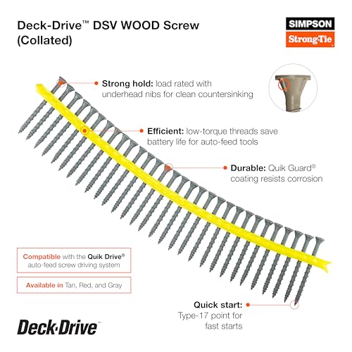 Simpson Strong-Tie DSVT212S Deck-Drive DSV Wood Screw (Collated) - #10 x 2-1/2 in. T-25 6-Lobe, Rimmed Flat Head, Quik Guard Coating, Low-Torque Threads, Tan (1000-Qty)