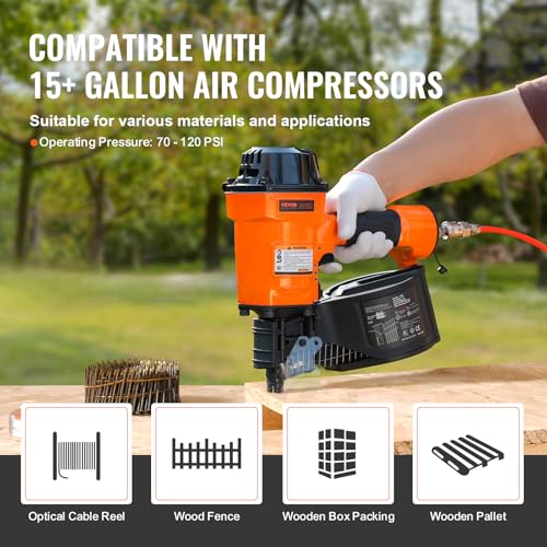 VEVOR Coil Siding Nailer MCN70, 1-3/4" to 2-3/4" 15 Degree Pneumatic Siding Nail Gun, 70-120PSI Air Coil Nailer for Pallet, Crating, Framing, Siding and Fencing - size: MCN70(1-3/4" to 2-3/4")