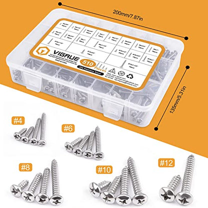 VIGRUE 510Pcs Stainless Steel Wood Screws Assortment Kit, #4#6#8#10#12 Phillips Pan Head Sheet Metal Screws Self Tapping Screws Set,Length 3/8" to 1-1/2" - size: 510Pcs Pan Head #4#6#8#10#12
