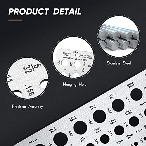 Weewooday Drill Bit Gauge 29 Hole Stainless Steel 1/16-1/2'', Silver - color: Silver