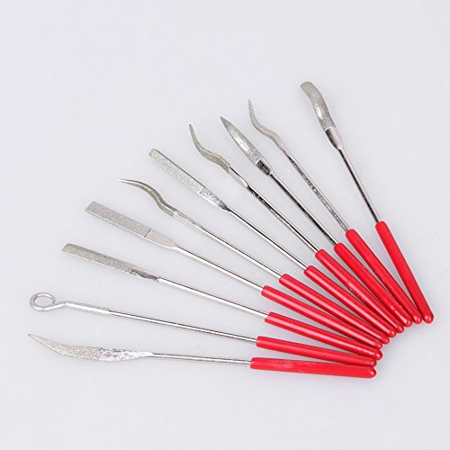 Chris.W 10Pcs Assorted Diamond Mini Riffler Needle File Set Metal Red Jewelers Glass Wood Carving Craft Handy Files Alloy Lapidary Bent Ceramic Tool - 3x140mm