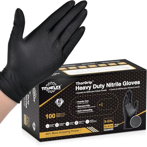 TitanFlex Heavy Duty Black Industrial Nitrile Gloves with Raised Diamond Texture, Latex Free 6mil - size: XX-Large