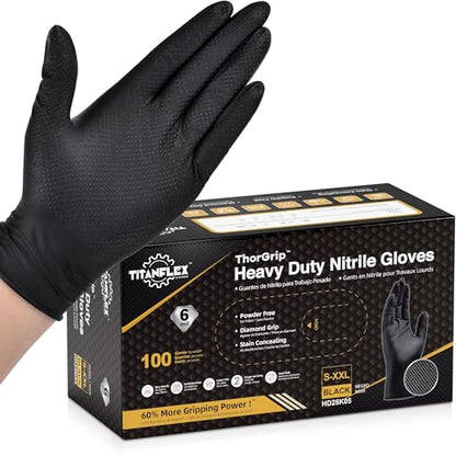 TitanFlex Heavy Duty Black Industrial Nitrile Gloves with Raised Diamond Texture, Latex Free 6mil - size: XX-Large