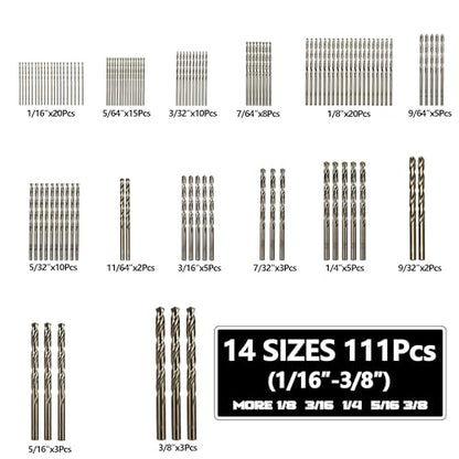 Cobalt Drill Bit Set for Hardened Metal and Stainless Steel, 111Pcs M35 High Speed Steel Twist Jobber Metal Drill Bits 1/16"-3/8", with Plastic Index Storage Case - size: 1/16-3/8 in (111 pcs)