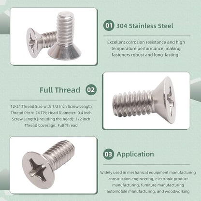 100 Pack 12-24 x 1/2" Silver Flat Head Machine Screws, Full Thread - color: Silver