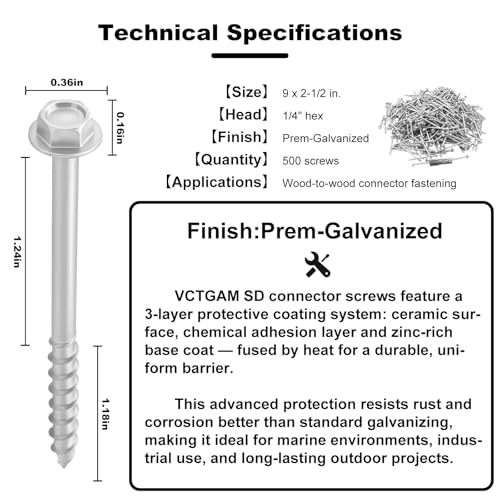 VCTGAM® SD Connector Screws SD9212R500 – 9 x 2-1/2", 1/4" Hex Head, Structural Framing Joist Hanger Screws, Prem-Galvanized High-Strength Corrosion & Deformation Resistant Wood Screws, (500-Qty)