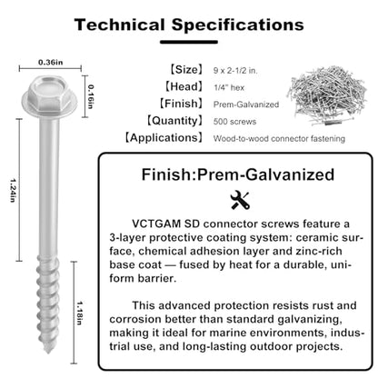 VCTGAM® SD Connector Screws SD9212R500 – 9 x 2-1/2", 1/4" Hex Head, Structural Framing Joist Hanger Screws, Prem-Galvanized High-Strength Corrosion & Deformation Resistant Wood Screws, (500-Qty)