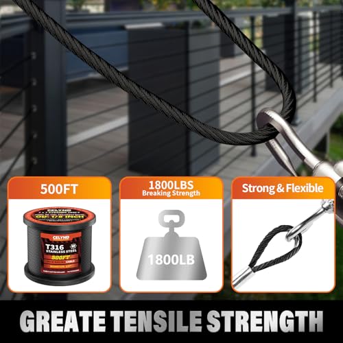 Black Stainless Steel Cable for Railing - 500FT 1/8" T316 Wire Rope - size: 500FT