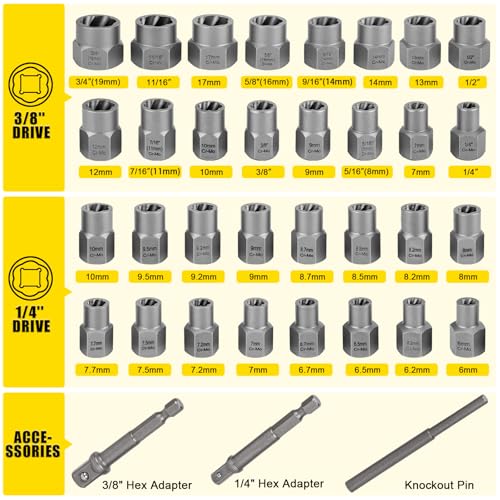 TOPEC Bolt Extractor Kit, 35-Piece Stripped Bolt Extractor Socket Set - size: 35-piece