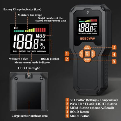 Pinless Moisture Meter with Data Memory & Custom Warning Threshold