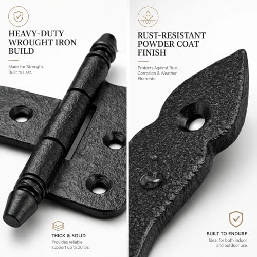Renovators Supply Manufacturing Pack of 10 Shed Door Hinge 5 in. Black Wrought Iron Antique Style Decorative Flush Mount Cast Iron Barn Door Shed Hinge with Mounting Hardware - size: Pack of 10
