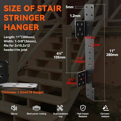 10 Pcs Black Stair Stringer Hanger Bracket, Heavy Duty 18 Gauge Adjustable Stair Stringer Hanger,Deck Stair Brackets,Tair Stringer Connector Great for 2x10 2x12 Stair Stringer,Tie Straps Bracket, - color: Black-10 Pcs