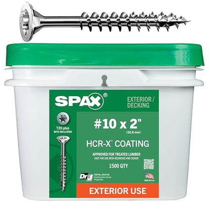 SPAX #10 x 2 Exterior Flat Head Deck Wood Screws Construction Torx T-Star Plus (1500 EA) Bulk Pail Includes 2 Bits Rust Resistant - size: #10 x 2"