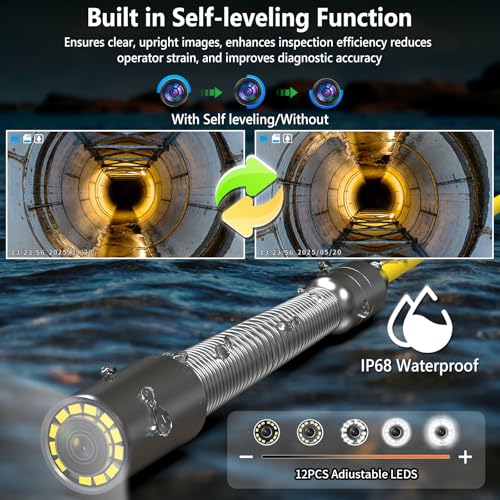 Sewer Camera Self Leveling 7" with Meter Marker, 100ft Pipe Endoscope with 32GB DVR, 20x Zoom, 12 LEDs, IP68 Waterproof 23MM 1080P Camera for Pipe Inspection - size: With Self leveling