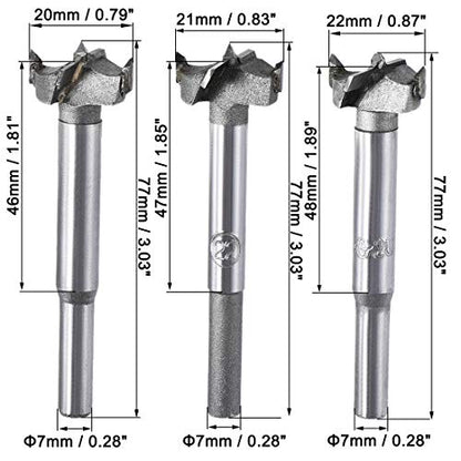uxcell Forstner Wood Boring Drill Bits 20mm 21mm 22mm Dia. Hole Saw Carbide Alloy Steel Tip Round Shank Cutting for Hinge Plywood Wood Tool 3in1 Set - size: 20mm, 21mm, 22mm