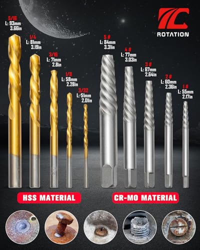 ROTATION 10-Piece HSS & CR-MO Screw Extractor & Left-Hand Drill Bit Set