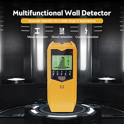Stud Finder Wall Scanner, 5 in 1 Electronic Stud Sensor, Metal Detector Wall Scanner, Wall Wood Detector Scanner with LCD Display & Audio Alarm for Wood Metal Pipe Studs AC Wire Detection (Yellow)