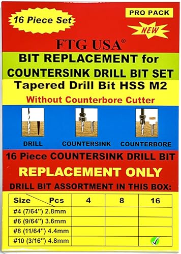 TG USA 16Pc #10 (3/16") Replacement Countersink Drill Bit Set Tapered Bits - size: #10 (3/16"), style: 16 Bits w/o cutter