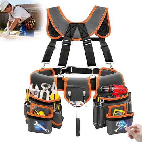 Tool Belts for Men with Magnetic Function,32''-60'' Adjustable,Detachable Tool Pouch Bag,With Suspenders & Multiple Pockets,for Electrician, Carpenter, Framer, Construction Worker