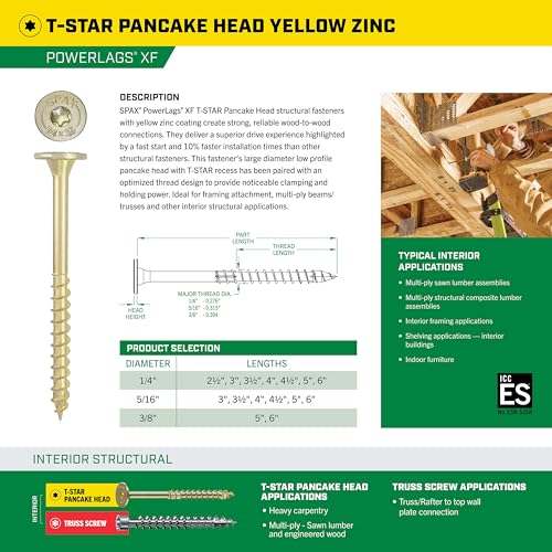 SPAX 1/4" x 2-1/2" Powerlags XF Interior Pancake Head Structural Wood Lag Screws (50 pcs) T40 T-Star Yellow Zinc Heavy Duty Framing Load-Bearing Construction Projects - size: 1/4" x 2-1/2"