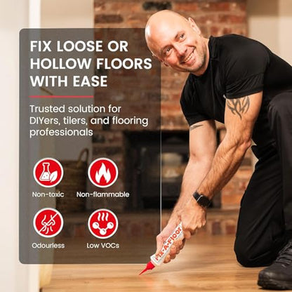 Pack of 2 - The Original Fix-A-Floor Squeezy All-in-One Repair Adhesive for Loose, Hollow, Creaky Tiles & Wood. Just Drill & Fill! Easy Squeezy! Made in The USA!
