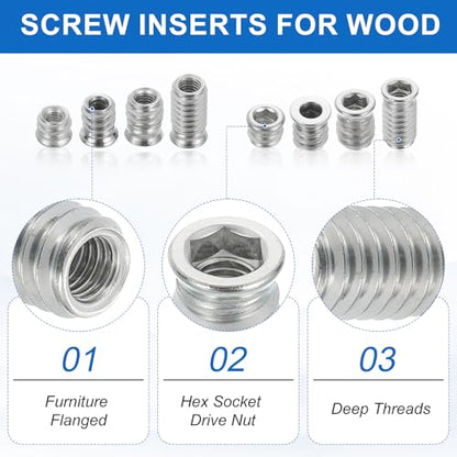 MECCANIXITY 4Pcs Threaded Inserts Nuts, M6x20mm Hex Socket Drive Nut Inserts for Wood - 304 Stainless Steel Screws Furniture Screw in Nuts Bolt Fastener Connector Wood - size: M6x20mm